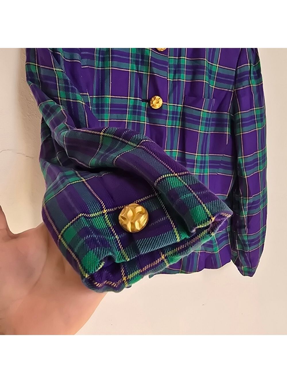 Lord & Taylor Purple Green Plaid Vintage Blazer Chunky Gold Buttons - Picture 6 of 14